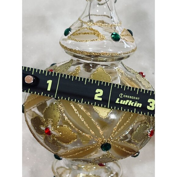 lot of 3 Christmas Ornaments Hand Blown Painted Glass Gold jewels green red 6X3" - Picture 4 of 4